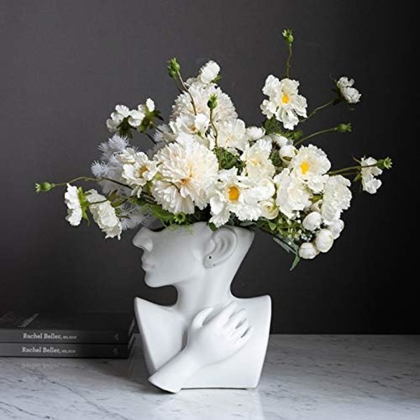 Hvit keramisk kvinnelig hodevase Tørkede blomstervaser Statuehodet Blomsterarrangement