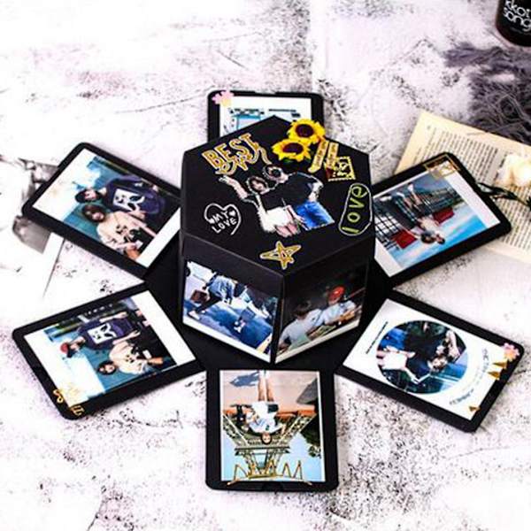 Eksplosjonsboks DIY Fotoalbum 6-sidig Album Eksplosjonsgaveboks for Ekteskapsforslag Forlovelse Jubileum Bursdagsgaver