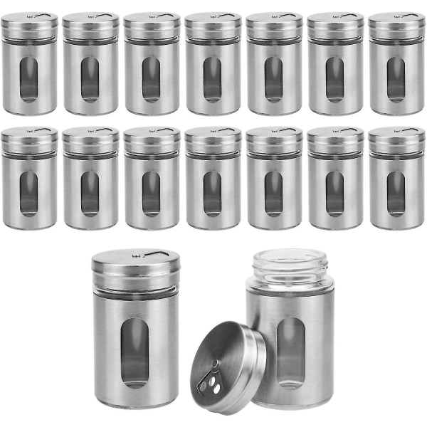 Set med 16 kryddburkar Set Silver 90ml förvaringsburkar i rostfritt stål Kryddburkar med fönster