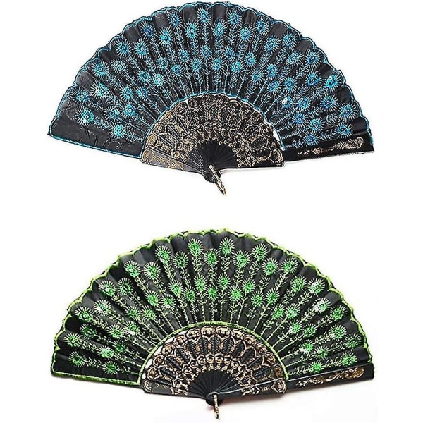 Mode Peacock handhållen fläkt Vikbara handfläktar med paljetter Blommönster för kvinnor och flickor (blå+grön 2st)