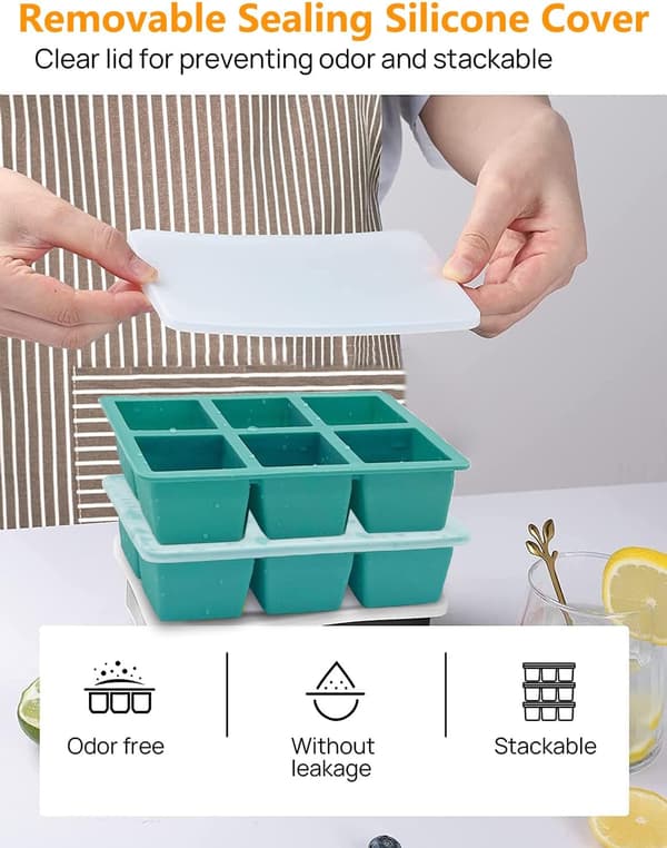 Silikon Isbitsformar, 2-pack Stora Isbitsformar, med Lock, Doftfria, Stapelbara, Tål Diskmaskin, Inkluderar Cocktail och Babysnacks, Grön