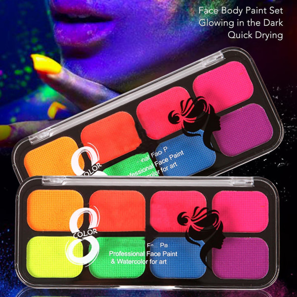 Set Glödande i mörkt 8 färger Snabbtorkande Ljusvattenbaserad Halloween Ansiktsfärg för fest Cosplay Body
