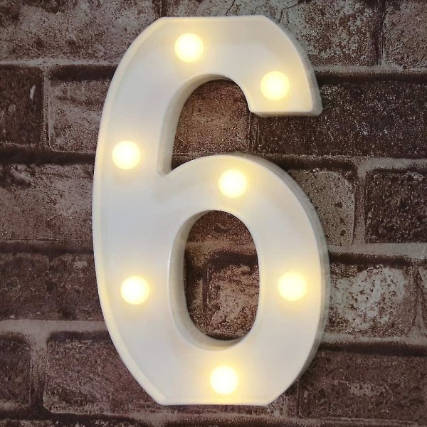 Dekorative LED-lys opp-nummerbokstaver, hvit plasttelt nummerlys Skilt Fest Bryllupsdekor Batteridrevet tall (6)