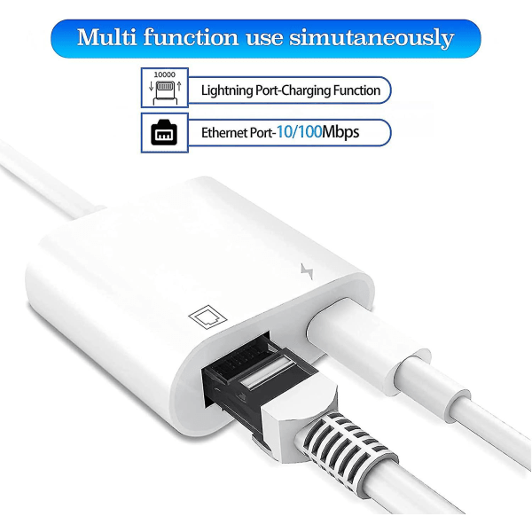 Lightning til Ethernet-adapter, [kompatibel med Apple Mfi-sertifisert] 2-i-1 Rj45 Ethernet Lan-nettverksadapter med ladeport, plug and play, støtte