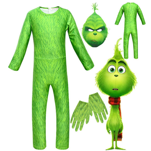 5-13 år Barn Cosplay Jul Grinch Kostyme Fancy Dress Jumpsuit Hansker Skjerf Maske Outfit Set 7-9 Years