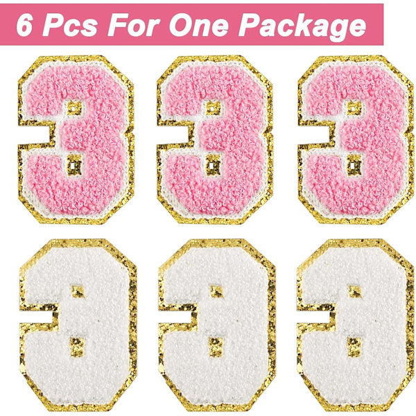 3 tommer Chenille tal-patches - stryg på tal-patches til sportstrøjer (6pack - 3)