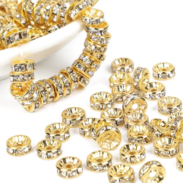 100 Rondle Spacer Beads - 8mm Guld Kristall Rhinestones För Smyckestillverkning