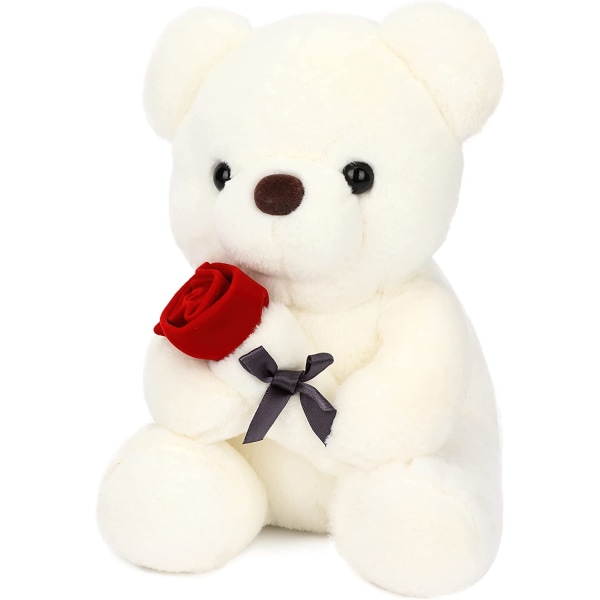 Teddy Bear Gosedjur Söt plyschbjörn med ros Födelsedagspresent för alla hjärtans dag för barn Pojkar Flickor Vit, 8,5