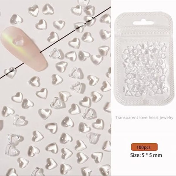 200 st Clear Heart Nail Art Charms, 3D blandad storlek Love Hearts Rhinest