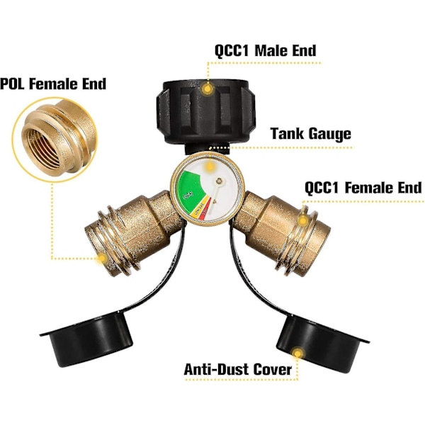 Propansplitter, 2-veis propantank Y-splitteradapter med måler, Lp-gassadapter Tee Grill Connect