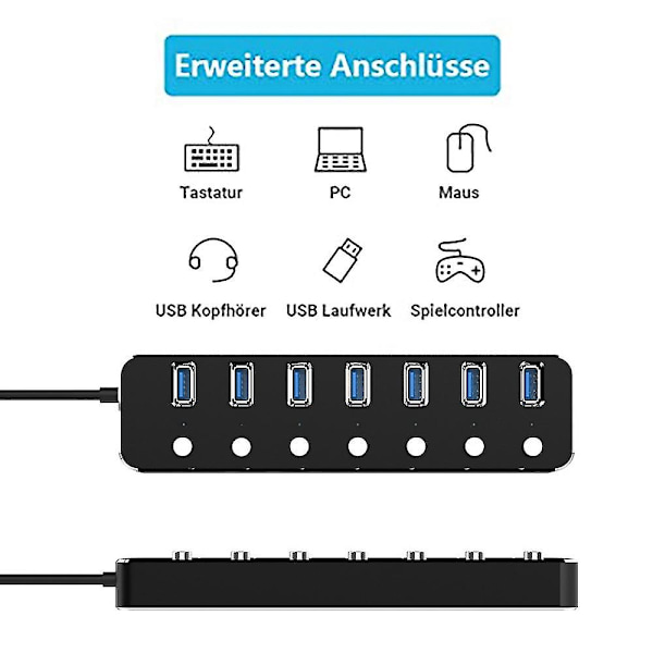 USB Hub 7 Porte USB 3.0 5gbps Hub Splitter Forlænger Med Switch Og LED Til Laptop PC Sort