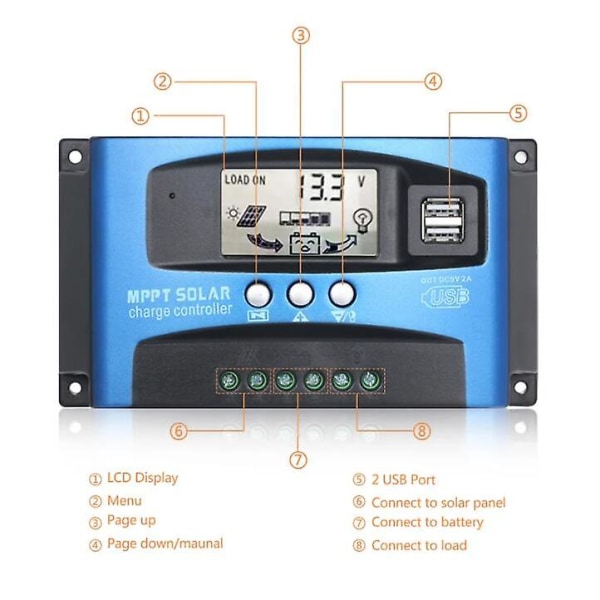 Mppt solpanelregulator 12V/24V smart batteri med 5-portars USB LCD-display, maximal laddningsström 30A