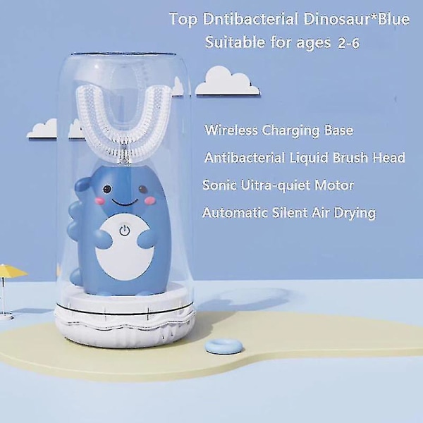 Automatisk munnrengjøring Elektrisk tannbørste for barn Barneenhet Usb-lading Sonic Søt Dinosaur U-formet tannpleie, blå