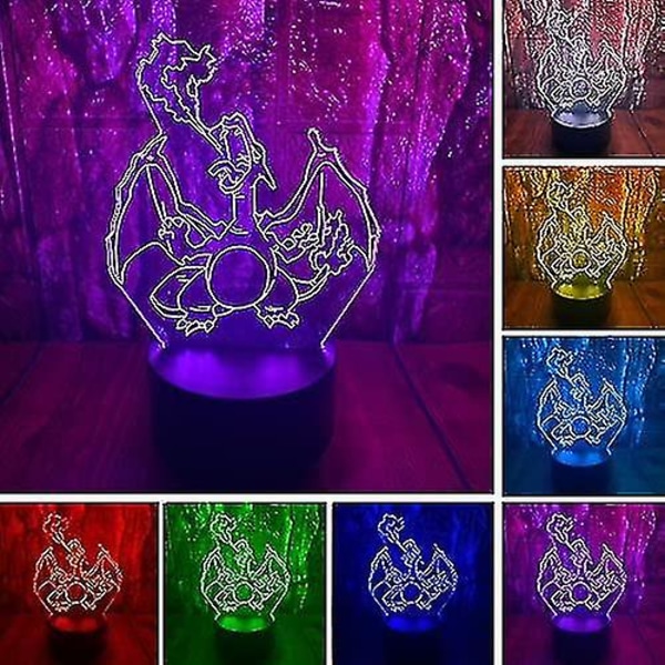 Cartoon Charizard Anime Figur 3d Led Optisk Illusion Soveværelse Dekoration Bordlampe Med Fjernbetjening 7 Farver Akryl Søvn Nattelys Fødselsdag Julegaver Til