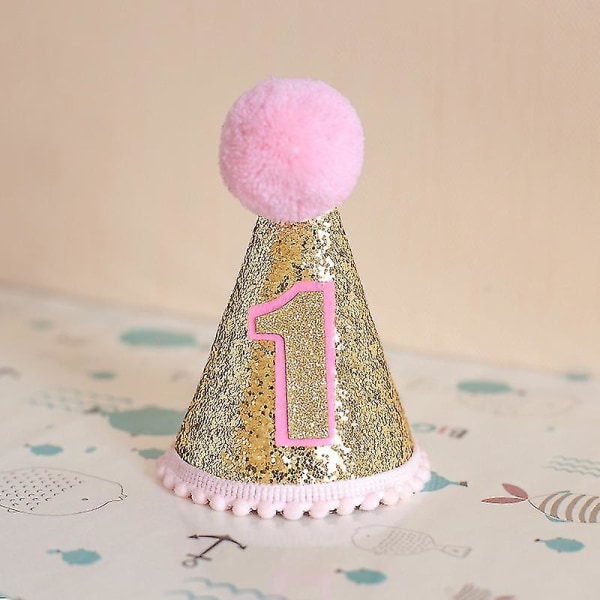 Glitter födelsedagskottehattar med pom poms, justerbara pannband Sparkle partyhattar, tårtfestdekorationer (1 st pink)