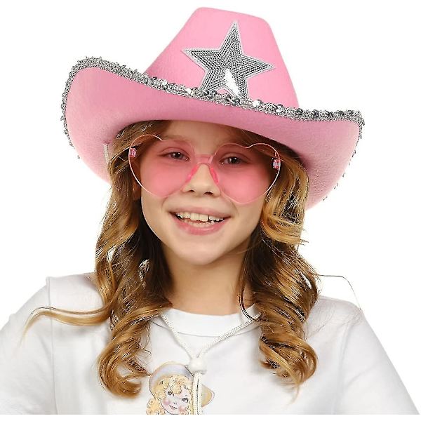 Rosa cowboyhatt med hjertebriller - Rosa cowboyhatt med sølvfarget stjerne i paljetter - Halloween-dekor ku