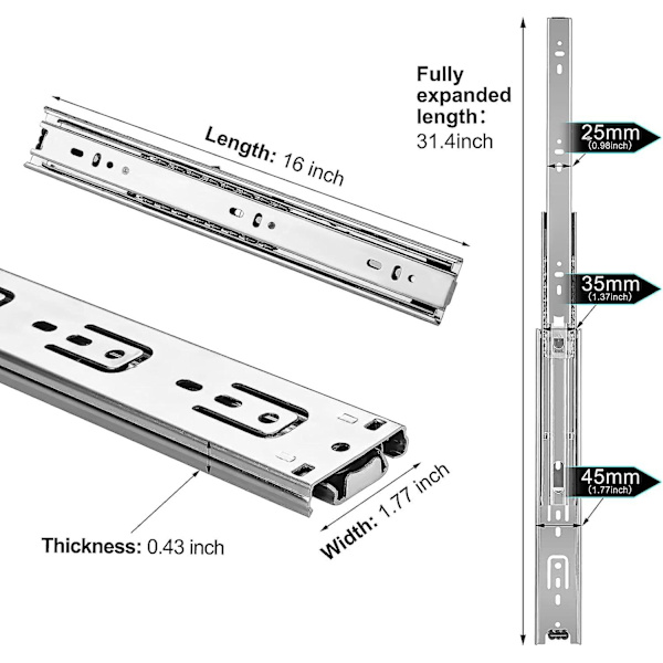 Kinlink 1 par 16 tommers skuffeskinner, 3-delt full extension