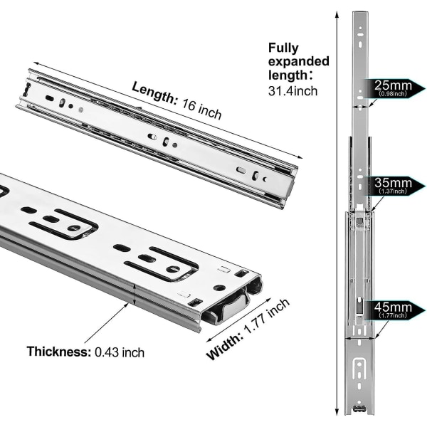 Kinlink 1 Pari 16 Tuuman Laatikon Liukukiskot, 3-Taitettava Täysi Ulosveto