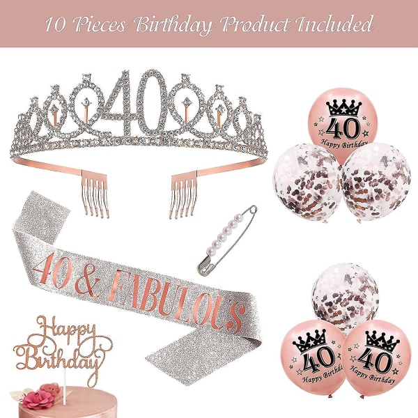 Födelsedag dekoration Kit för tjejer kvinnor, 40-års födelsedag skärp och strass Tiara Set, födelsedag krona födelsedag skärp Pearl Pin Ballonger Födelsedagstårta till