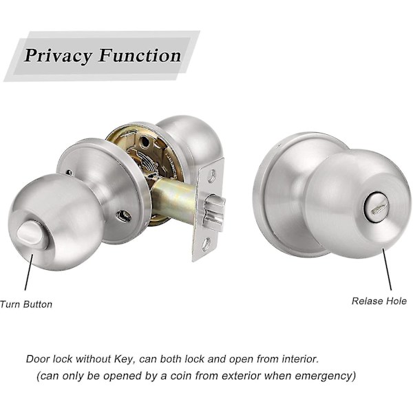 Runde Dørgreb i Rustfrit Stål, Nøgleløs Privat Dørgreb til Soveværelse Satin Nikkel