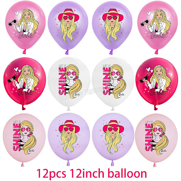 Ny film Barbie bursdagsfest dekorasjon rosa tema figurer ballongsett bakteppe papirplate vev servisetilbehør Mixed balloons-12pcs