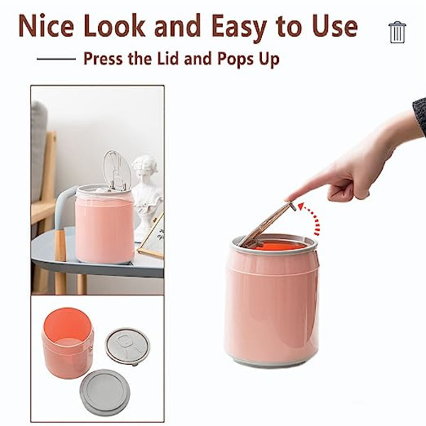 Mini-sopbordspapperskorg, papperskorg med trycklock, 1,8 L / 0,47 Gal avfall pink