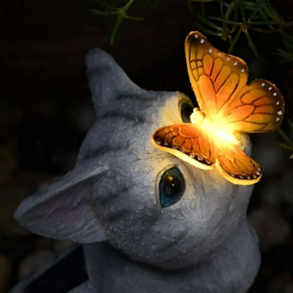 Katthage dekorativ sommerfugl utendørs solcellelys Balkong layout Søt katt sommerfugl harpiks Dekorativ utendørs solcellelys Kreative dyr