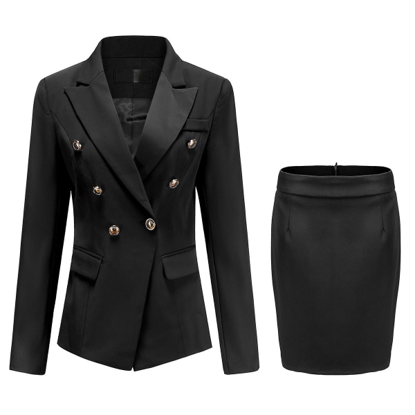 Yynuda dame 2-delt elegant kontor dame professionel kjole dobbeltradet forretningsdragt (blazer + nederdel) Black L