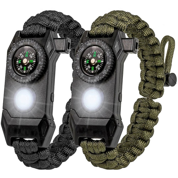 2 stk Svart og Grønn Overlevelses Paracord Armbånd - Taktisk Nødutstyrsett Med SOS LED Lys, Justerbar, Multiverktøy, Tennstål, Kompass og Fløyte