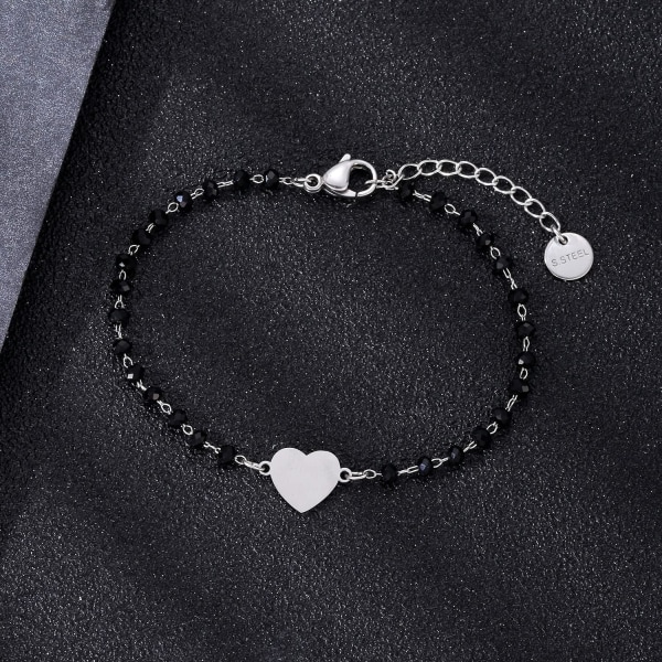 Hjerte Charm Armbånd i Rustfrit Stål med Sorte Perler - Enkelt Lykke Charm Armbånd (Sølv) White