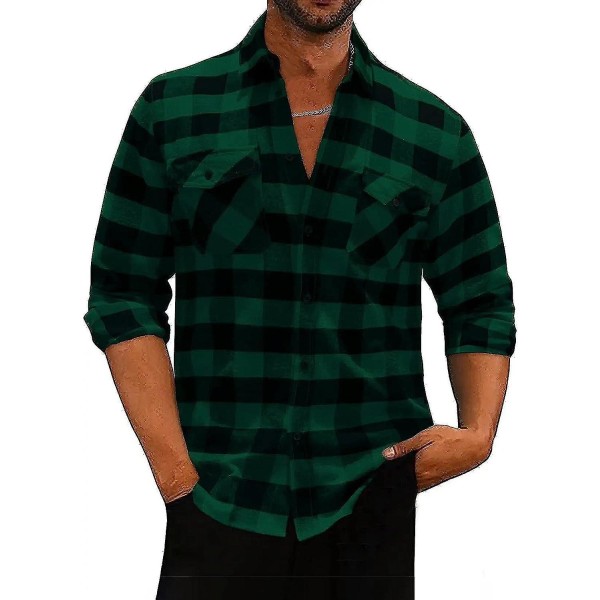 Miesten ruudullinen flanellipaidat pitkähihainen casual paita miehille ruudullinen nappi alas Normaali Fitxl B-vihreä