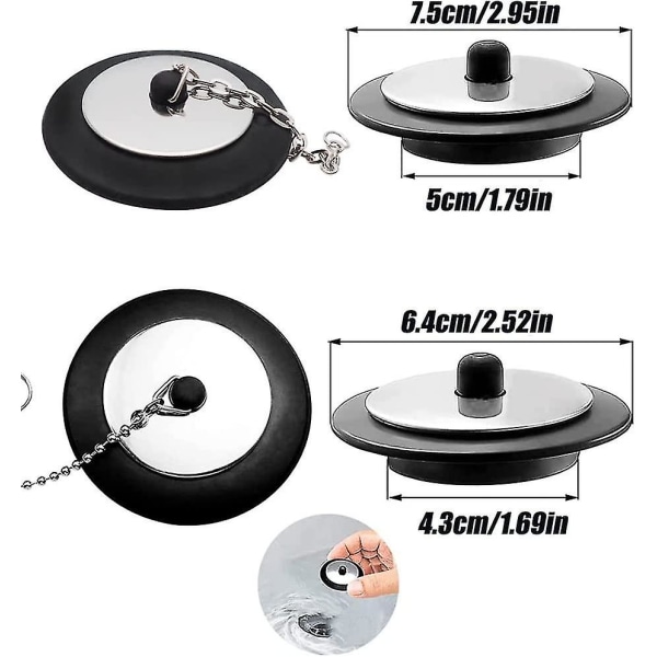 Gummistöpplar för avlopp, Gummistöppel för badkar, Med bollkedja, Med kedja, För kök, badrum och handfat, 2 stycken, Svart