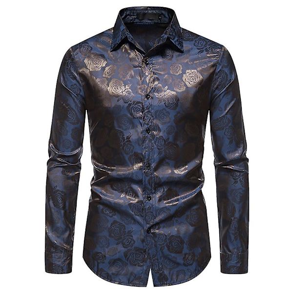 Allthemen Herre Casual Slim Lapel Rose Floral Langærmet Skjorte Blue 2XL