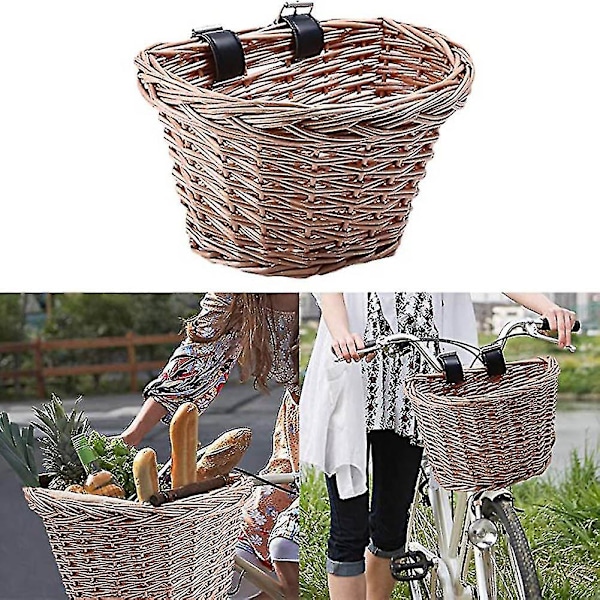 Korgflätat cykelkorg i D-form, handvävd shoppingkorg, cykelstyre förvaringskorg med läder