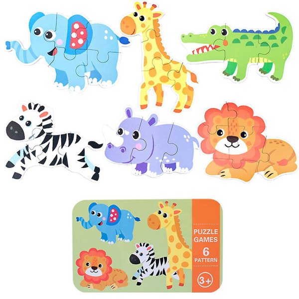 Barnleksaker 6-i-1-låda Pussel Jigsaw Träleksaker Tecknade djur