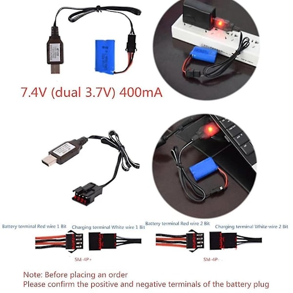 7,4v 3,7v X2 oplader Sm-4p Li-ion batteri elektrisk Rc legetøj bil båd USB-kabel