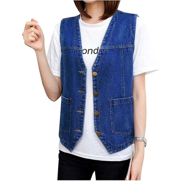 Dame ærmeløs denimvest V-hals Button Down Jean vest Et.