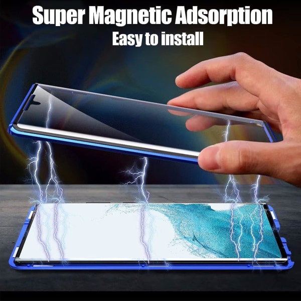 For Samsung Galaxy S23 Ultra magnetisk deksel, dobbelt herdet glass Hd beskyttelsesdeksel Alt inkludert støtsikkert telefondeksel med metallramme flipdeksel blue