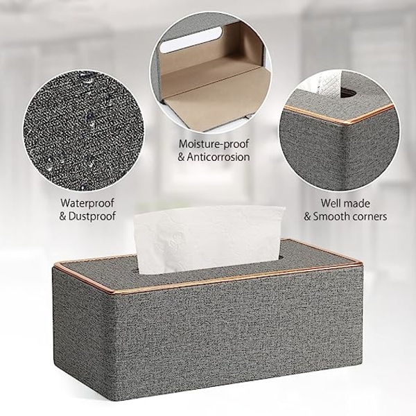 Servetthållare i PU-läder, rektangulär servetthållare för Kleenex-box Linen gray gold