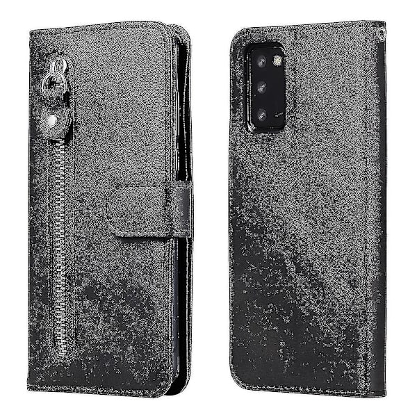 Plånboksfodral för Samsung Galaxy Note 20, premium PU-läder, magnetiskt stängning, kortplatser, stativ, blixtlåsförsedd ficka, mjukt TPU-skyddsfodral - Svart