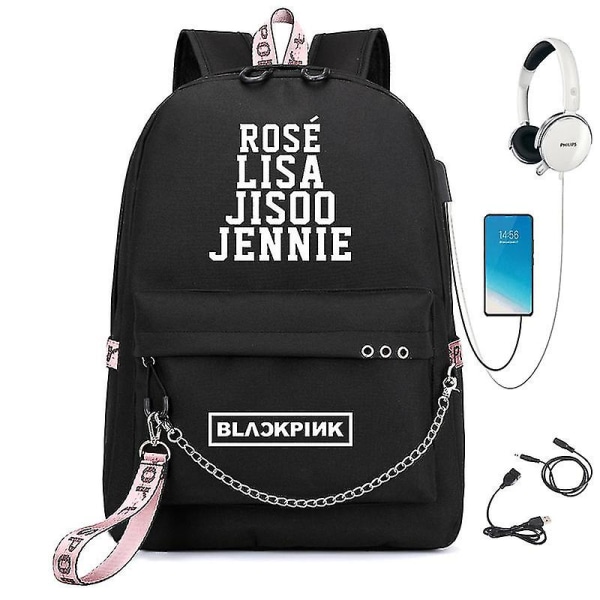 Blackpink-reppu, USB-ladattava reppu, opiskelijoiden koululaukku black letters