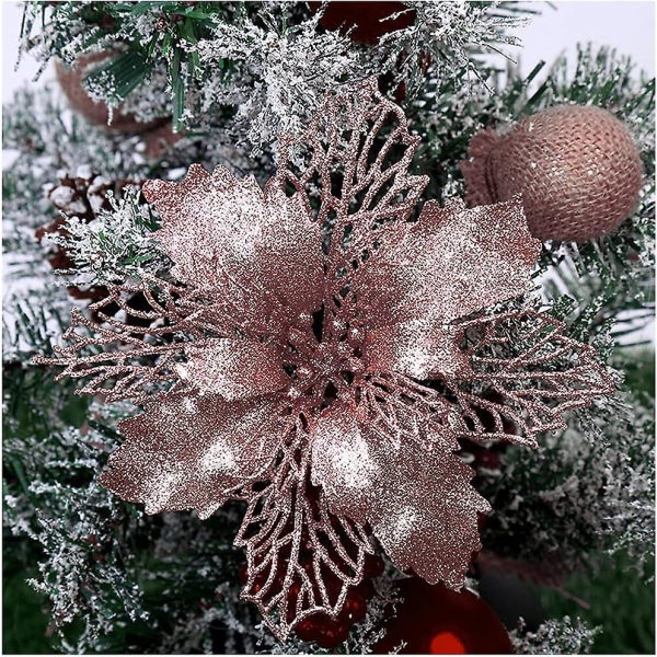Pakke med 12 roseguld glitter kunstig julestjerne blomster julekrans juletræ blomster ornamenter 4"(10 cm) Diameter