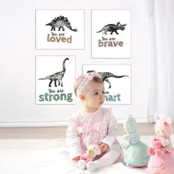 4 stk dinosaur vægkunst til små drenge værelse, baby vuggestue plakater, motiverende børnelegerum Dino