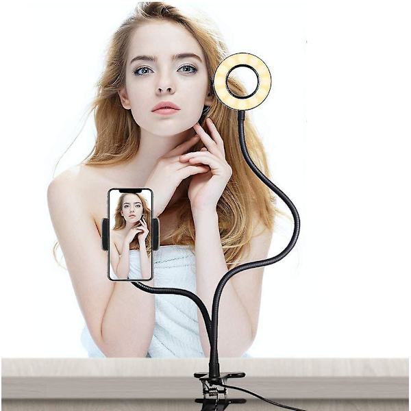 2 in 1 LED-selfie-rengasvalo pöytäkiinnityksellä, iPhone-teline valolla, hansikaulainen älypuhelinteline, selfie-valo, matkapuhelinteline, kallistuva selfie-R