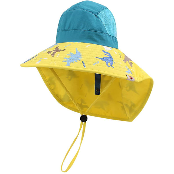Solhat til nakkebeskyttelse af børn, fiskehat med bred skygge, justerbar kasket UPF 50+, kasket omkreds 52-56 cm (blå + gul)