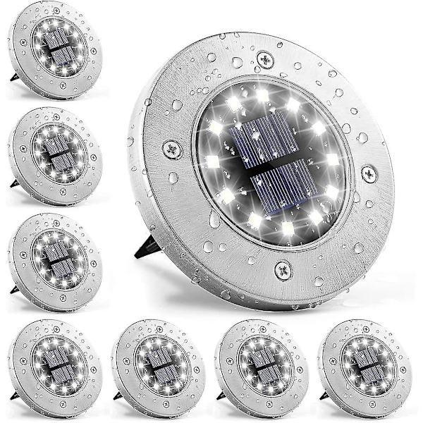 Solcelle Jordlamper - 12 LED'er, 8 stk., Rustfrit Stål, Hvide Havelamper til Udendørs, Terrasse, Græsplæne, Have, Gangsti - Vandafvisende