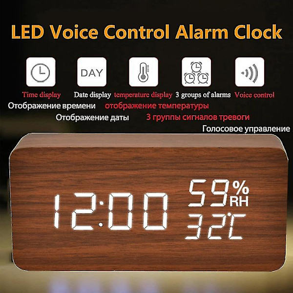 Led Digital Trævækkeur Med Temperatur Fugtighed Stemmestyring Snooze Elektroniske Bordure Brown