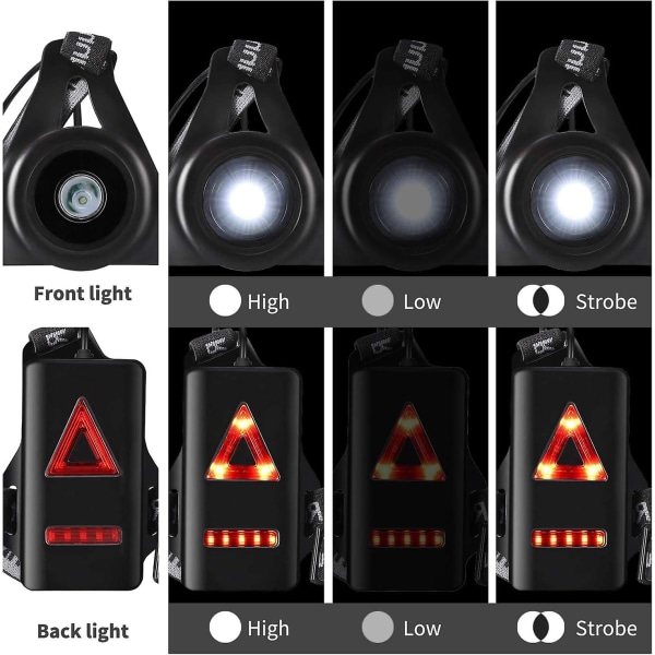 Löparljus, 3-läges USB uppladdningsbar kroppslampa med bakljus och justerbar rem för nattlöpare Joggare Vandring Camping Vandring