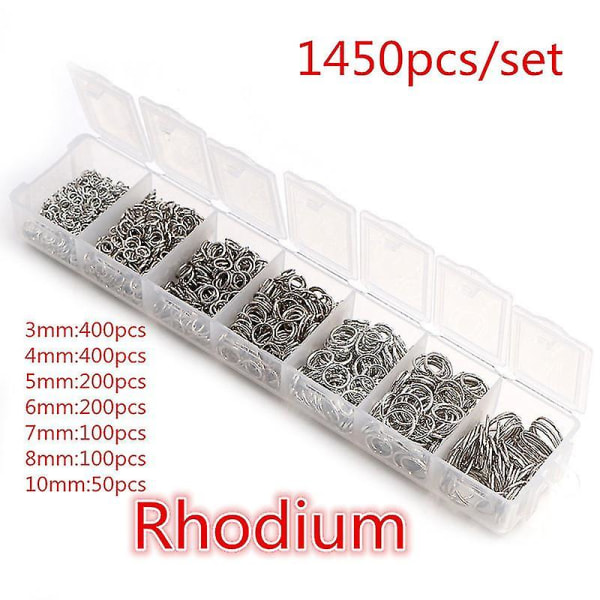 Yksi sarja laatikko 3 4 5 6 7 8 10mm pronssi kulta hopea palted avata hypätä renkaat split renkaat linkki silmukka diy korujen valmistus löydöt 1450pcs Set Rhodium