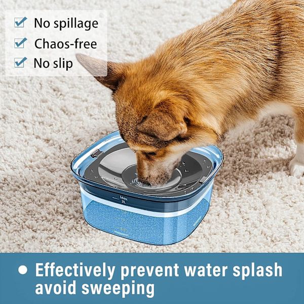 Spillfri hundvattenskål, husdjursvattenskål, långsam hundvattenskål 2L, spillsäker, spillsäker och kvävningssäker, husdjursvattenfontän (blå) Clear Blue